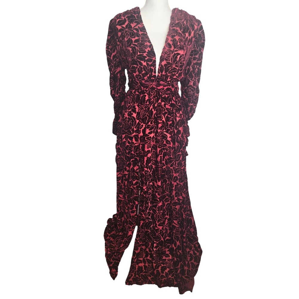 Bronx and Banco Velvet Floral Gown Dress Burgundy Floral Long Sleeve Size 4